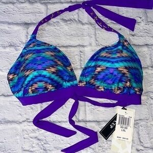 2Bamboo Boho Swim Top 36D-38D L/XL Beaded Tie Back Neck Adjustable Abstract Bra